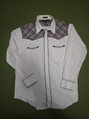 Chenault White Western Button-Down Shirt with Brown & Blue Plaid Yoke